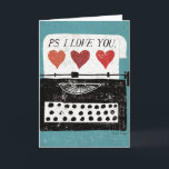Vintage Desktop - Typewriter Card<br><div class="desc">© Michael Mullan / Wild Apple.  An old black and white typewriter with a blue background. The words PS I Love You can be seen on the image.</div>