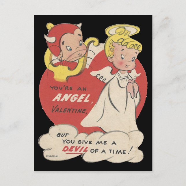 Vintage Devil And Angel Valentine Holiday Postcard (Front)
