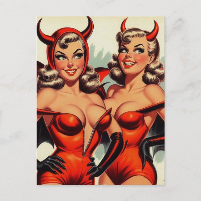 Vintage Devil Girls Illustration Postcard (Front)