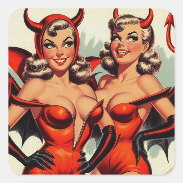 Vintage Devil Girls Illustration Square Sticker (Front)