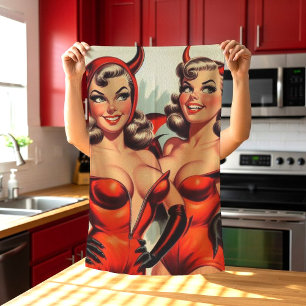 Vintage Devil Girls Illustration Tea Towel