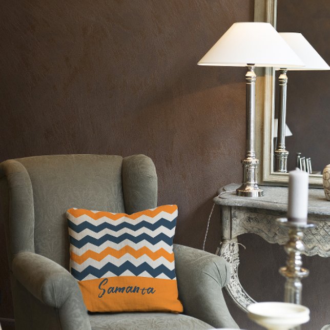 Vintage diagonal geometric orange grey name cushion (Creator Uploaded)