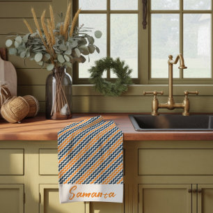 Vintage diagonal geometric orange grey name tea towel