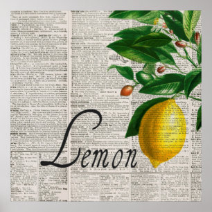 Vintage Dictionary and Hand-Drawn Lemon Tree Poster