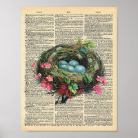 Vintage Dictionary Art Blue Robin's Eggs in Nest
