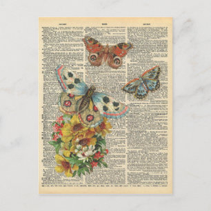 Vintage Dictionary Art Colourful Butterflies Postcard