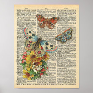 Vintage Dictionary Art Colourful Butterflies Poster