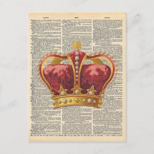 Vintage Dictionary Art Royal Crown Red Gold Postcard (Front)