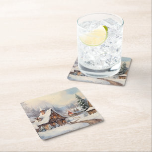 Vintage digital village on a Christmas day.  Square Paper Coaster
