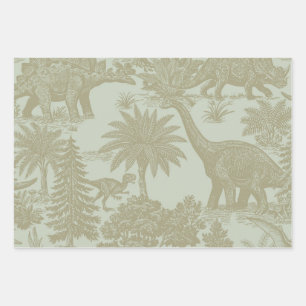 Vintage Dinosaur Toile Pattern Prehistoric Jungle  Wrapping Paper Sheet