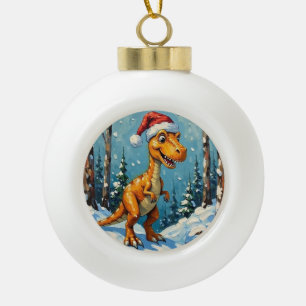 Vintage Dinosaur with Santa Hat Christmas Scene Ceramic Ball Christmas Ornament