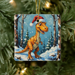 Vintage Dinosaur with Santa Hat Christmas Scene Ceramic Ornament