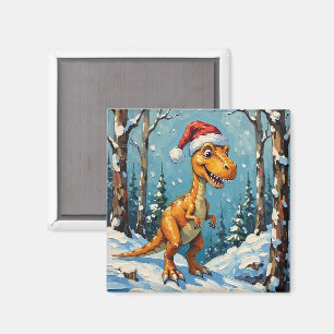Vintage Dinosaur with Santa Hat Christmas Scene Magnet