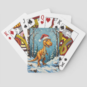 Vintage Dinosaur with Santa Hat Christmas Scene Playing Cards