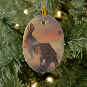 Vintage Dinosaurs, Carnotaurus Roaring in Jungle Ceramic Ornament