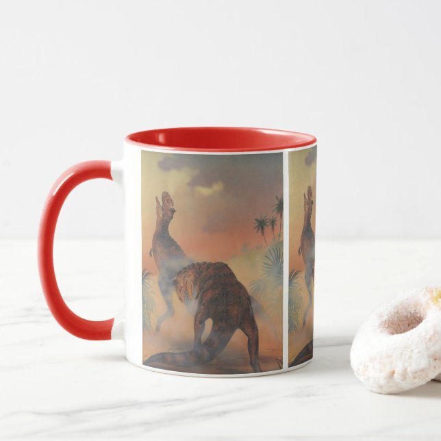 Vintage Dinosaurs, Carnotaurus Roaring in Jungle Mug (With Donut)