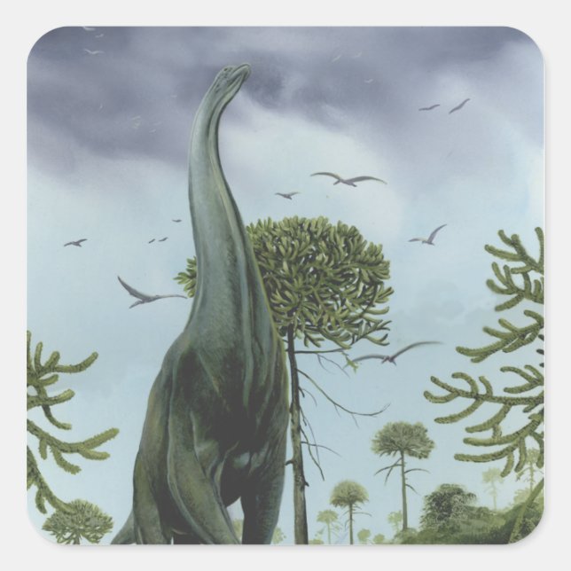 Vintage Dinosaurs, Sauroposeidon with Birds Flying Square Sticker (Front)