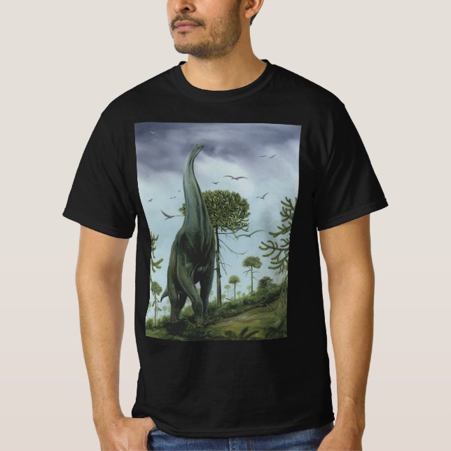 Vintage Dinosaurs, Sauroposeidon with Birds Flying T-Shirt (Front)