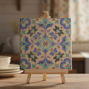Vintage Distressed Brown Beige Teal Purple Floral Ceramic Tile