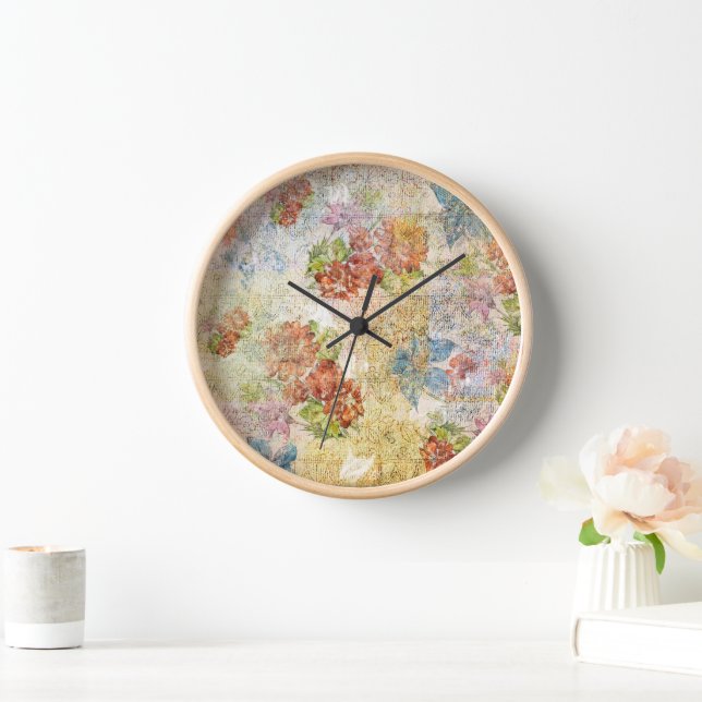Vintage Distressed Flower Pattern Clock (Home)