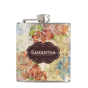 Vintage Distressed Flower Pattern Personalised Hip Flask