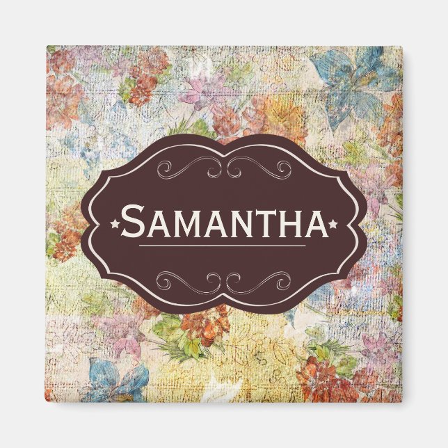 Vintage Distressed Flower Pattern Personalised Magnet (Front)