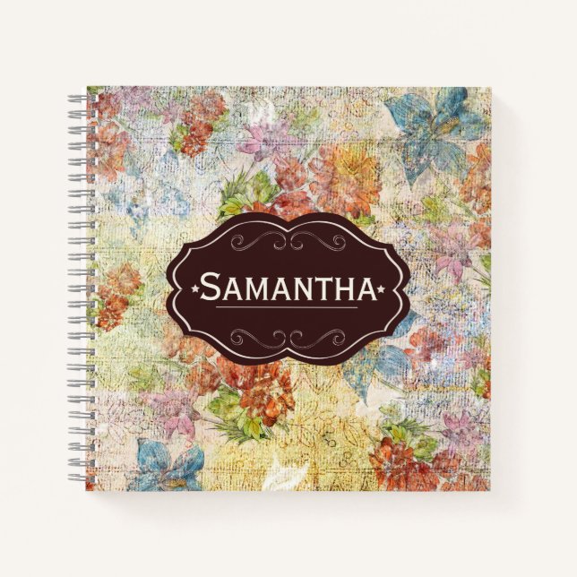 Vintage Distressed Flower Pattern Personalised Notebook (Front)