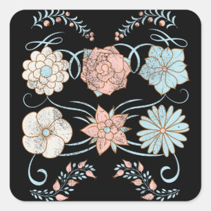 vintage distressed flowers in pink and blue square sticker