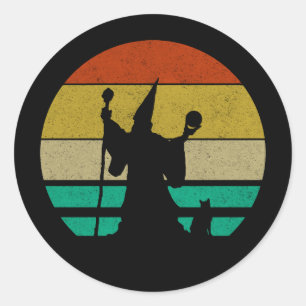 Vintage Distressed Retro 70s Wizard and Cat Classic Round Sticker