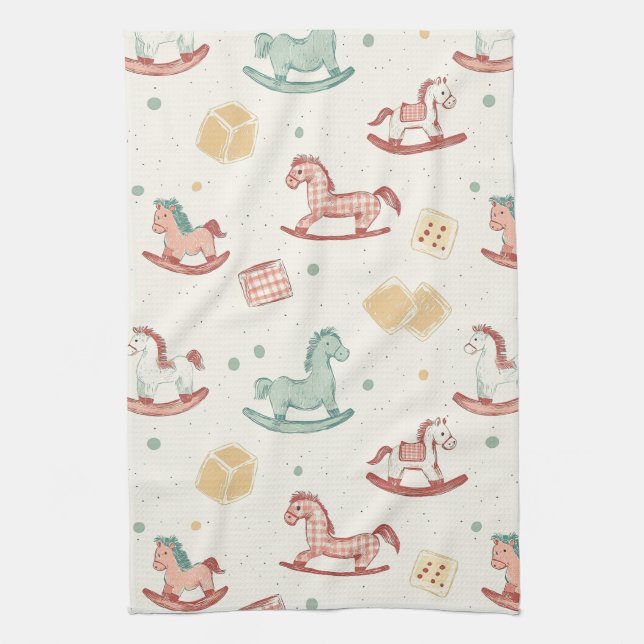 Vintage Distressed Rocking Horse Pattern Tea Towel (Vertical)