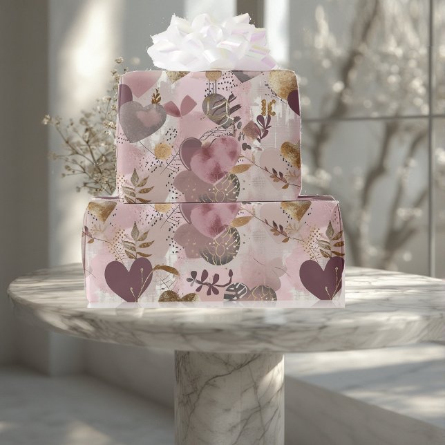 Vintage Distressed Romantic Muted Earthy Hearts  Wrapping Paper (Vintage Distressed Romantic Muted Earthy Hearts Wrapping Paper)