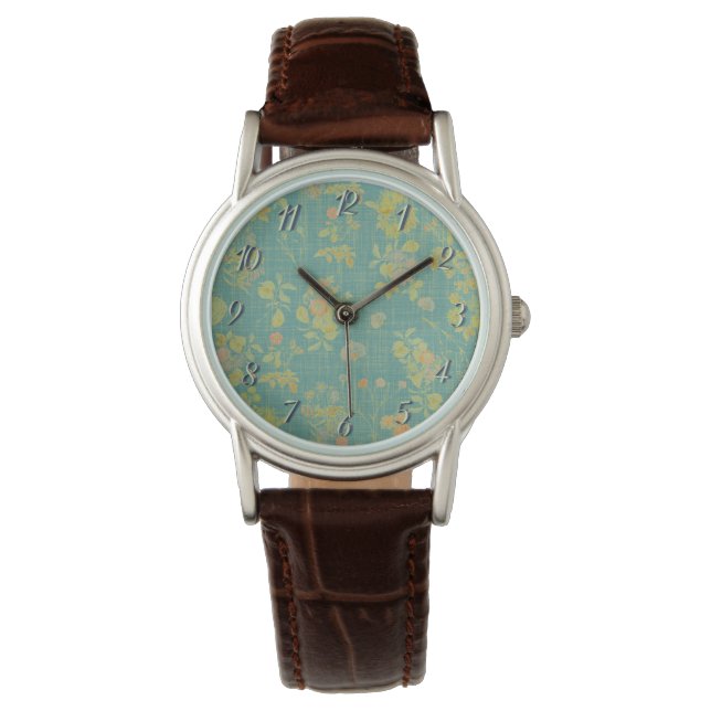 Vintage Distressed Teal Floral Pattern Watch (Front)
