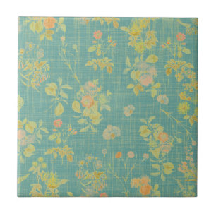 Vintage Distressed Teal Spring Floral Pattern Ceramic Tile