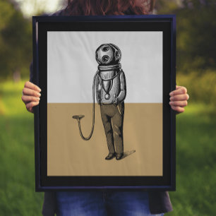 Vintage Diver Illustration Colorblock Poster