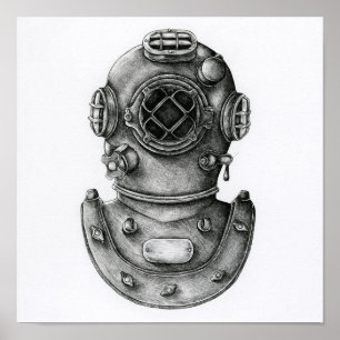 Vintage Diving Helmet Illustration Poster