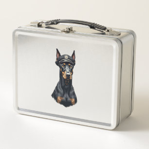 Vintage Doberman Police Dog Portrait Black and Whi Metal Lunch Box