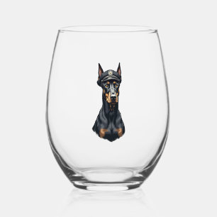 Vintage Doberman Police Dog Portrait Black and Whi Stemless Wine Glass