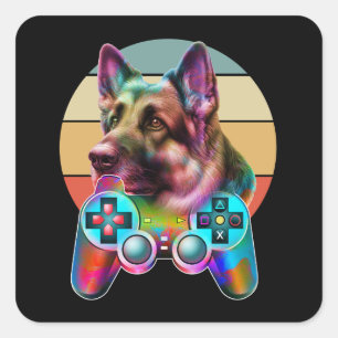 vintage dog and gamer console square sticker
