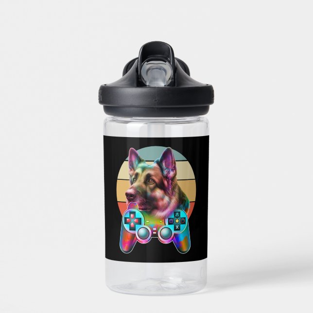 vintage dog and gamer console water bottle (Front)