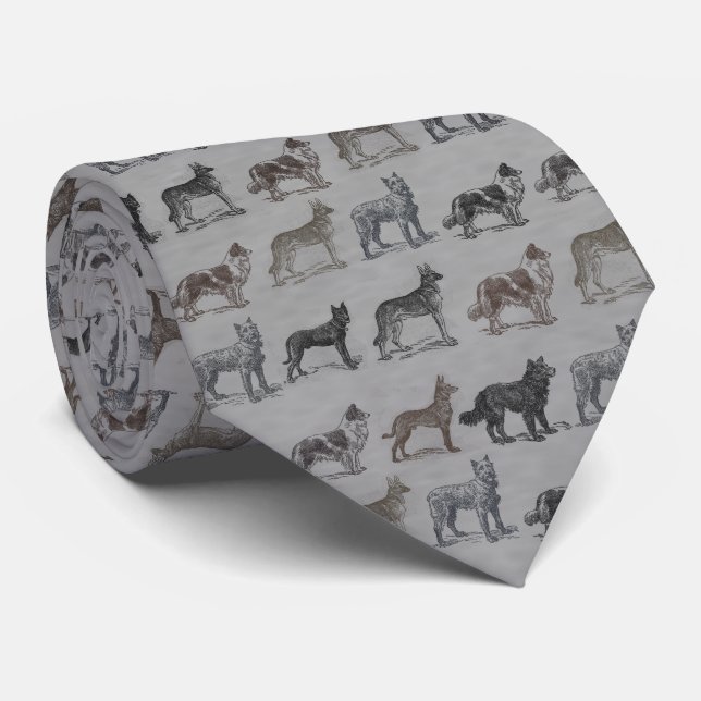 Vintage Dog Drawings Black White Buff Grey Tie (Rolled)