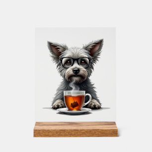 Vintage Dog Holding Tea with Glasses Retro Pet Ill Acrylic Sign