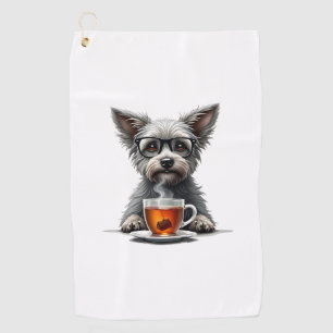 Vintage Dog Holding Tea with Glasses Retro Pet Ill Golf Towel