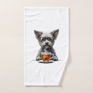 Vintage Dog Holding Tea with Glasses Retro Pet Ill Hand Towel