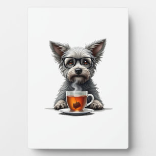 Vintage Dog Holding Tea with Glasses Retro Pet Ill Plaque
