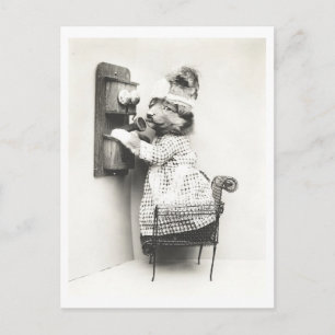 Vintage Dog Making a Phone Call Oddity Postcard