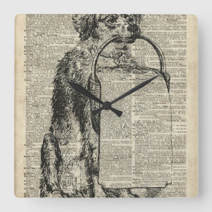 Vintage Dog Stencil Illustration On Old Book Page Square Wall Clock