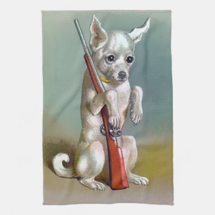 Vintage Dog With a Gun Tea Towel