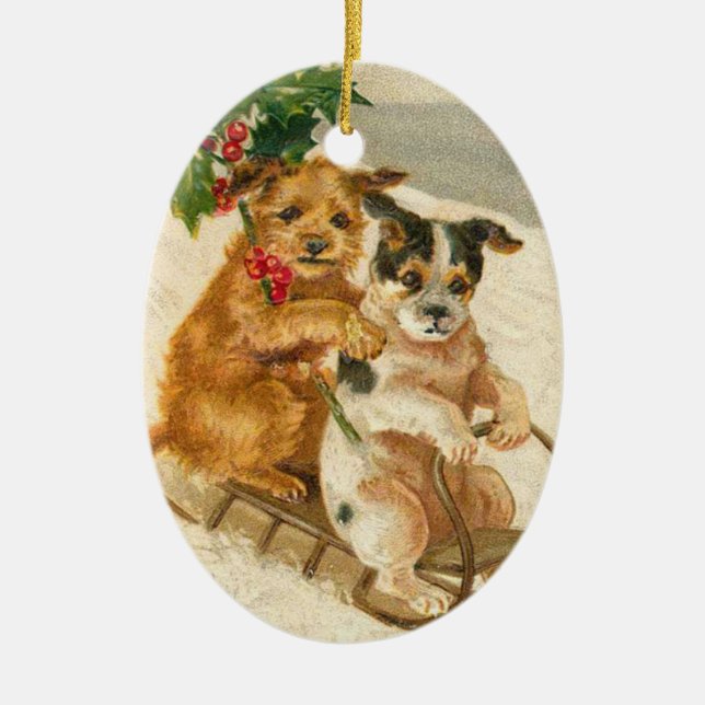 Vintage Dogs on a Sled Christmas Ornament (Front)