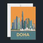 Vintage Doha Qatar Skyline Travel Poster Postcard<br><div class="desc">This description focuses on the unique blend of vintage style and modern subject matter, using keywords for both travel and modern architecture. This eye-catching Vintage Doha Travel Poster Postcard captures the stunning, futuristic skyline of Doha, Qatar, rendered in a classic retro travel art style. The design contrasts bold modern skyscrapers...</div>
