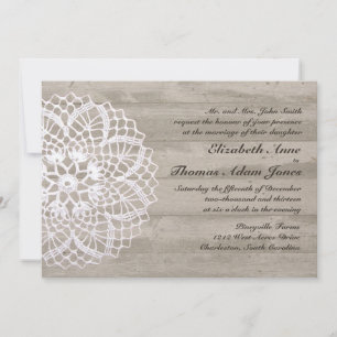 Vintage Doily & Barn Wood Wedding Invitation